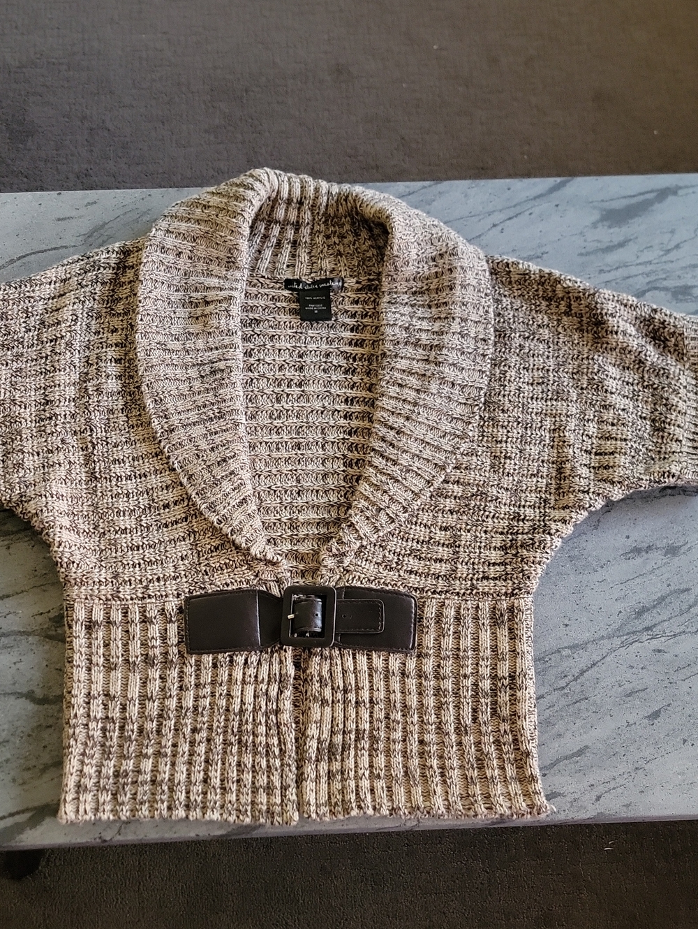 UNITED STATES SWEATER Short Sleeve Shawl Collar Faux Leather Belt Brown sz M